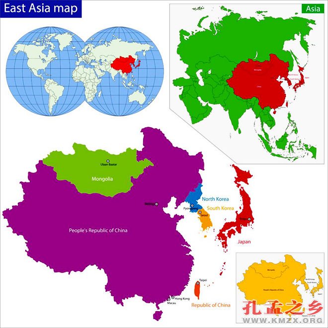 东亚五国及在世界上的位置