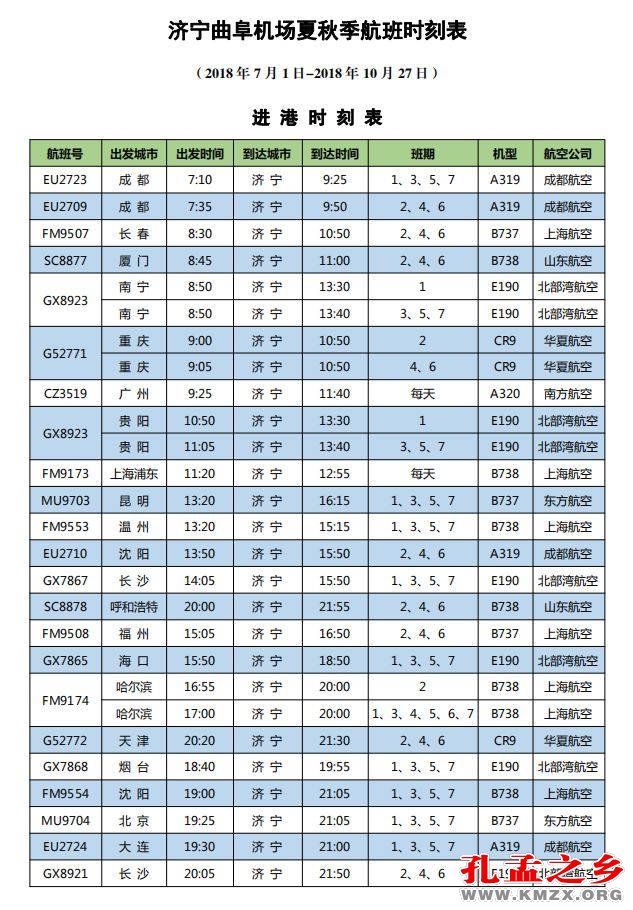济宁曲阜机场最新航班时刻表